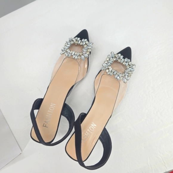 Black Clear Rhinestone Slingback Sandal Pumps - Picture 13 of 13